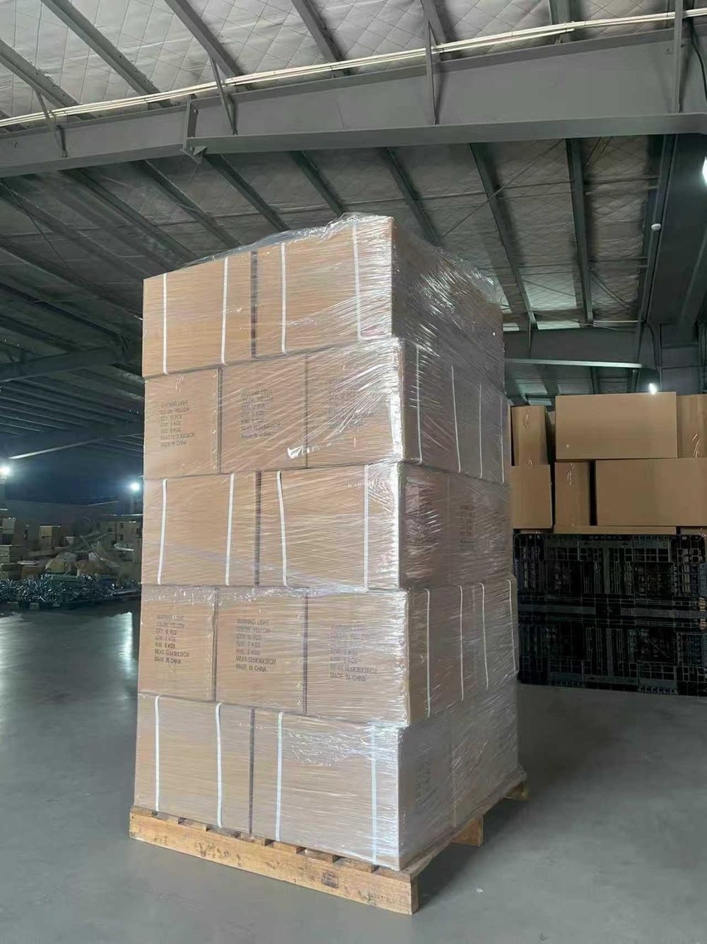 Palletized warning-light cartons prepared in the warehouse